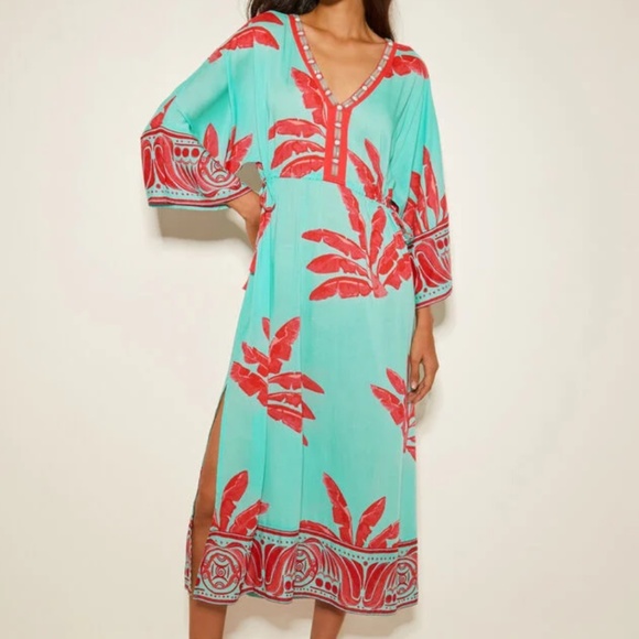 Monsoon Dresses & Skirts - NWT Pamela palm print kaftan dress Turquoise/Red Size US L